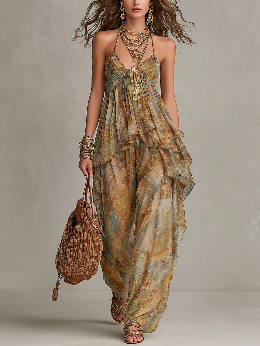 Khaki Printed Chiffon Ruffled Camisole and Wide-Leg Pants Set