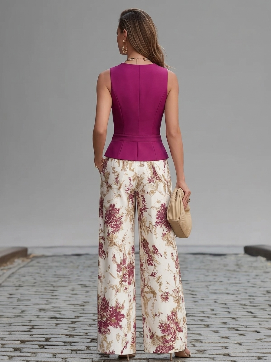 Completo top senza maniche rosa cipria e pantaloni a gamba larga stampati a fiori