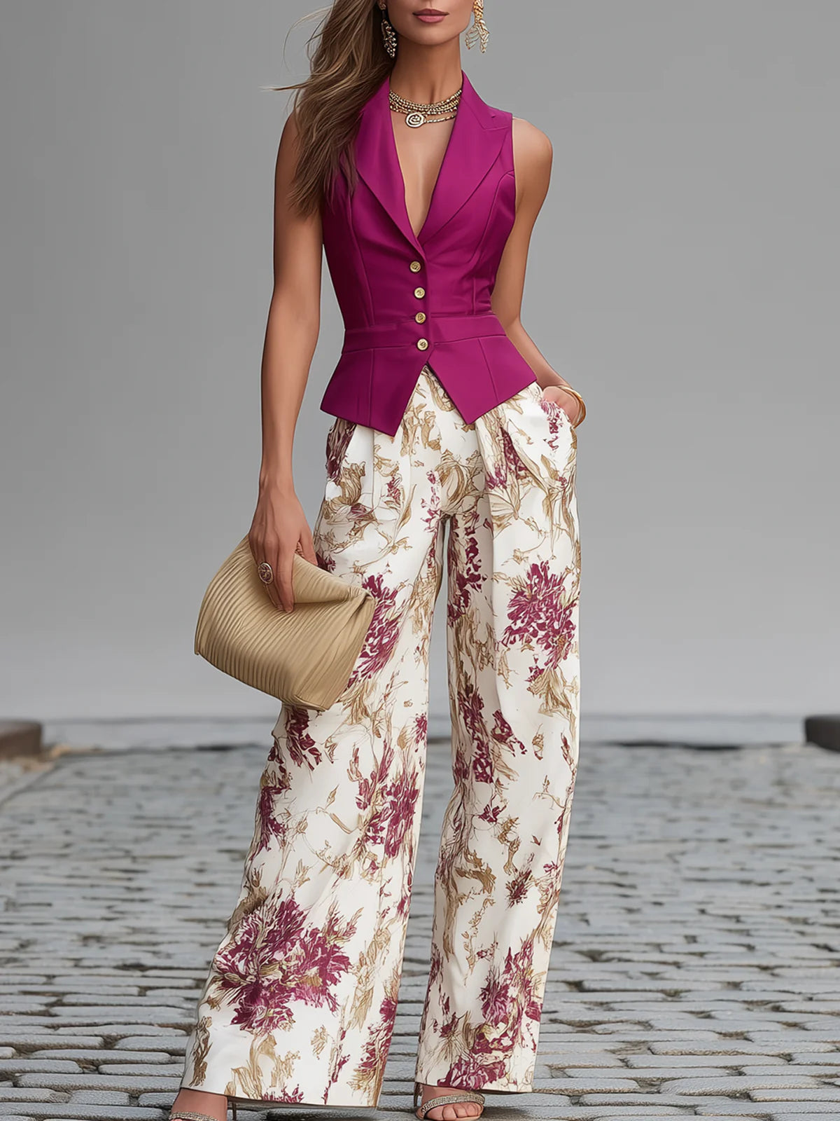 Completo top senza maniche rosa cipria e pantaloni a gamba larga stampati a fiori