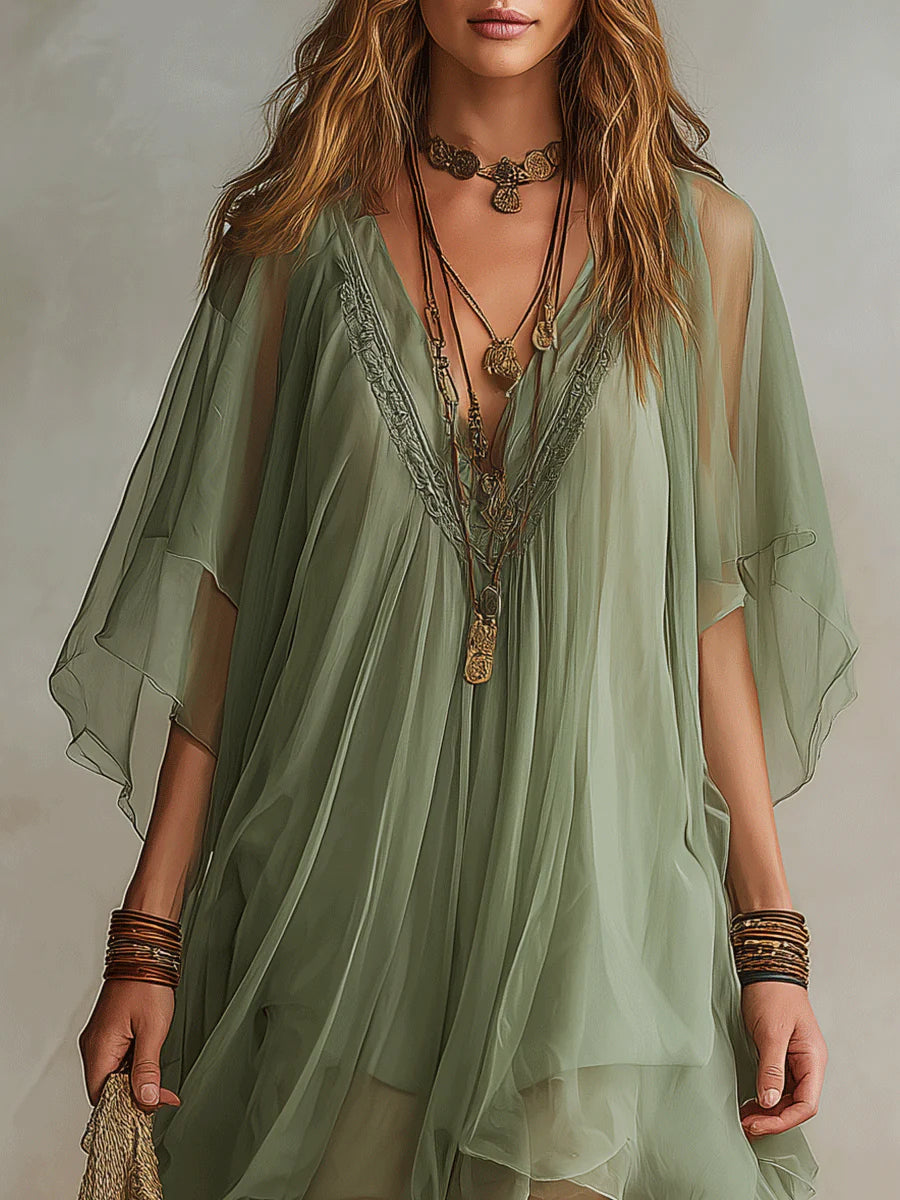 Green Chiffon V-Neck Layered Flowy Mini Dress