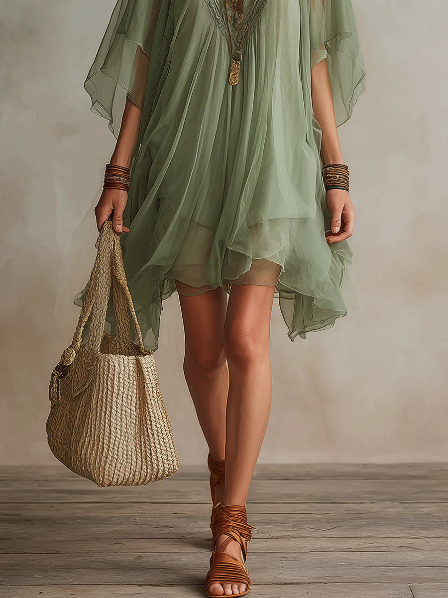 Green Chiffon V-Neck Layered Flowy Mini Dress