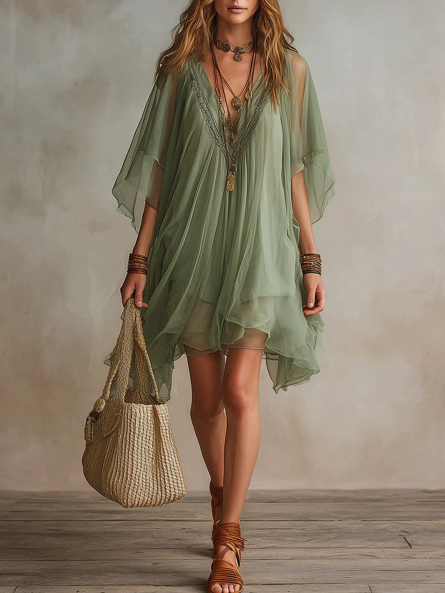 Green Chiffon V-Neck Layered Flowy Mini Dress