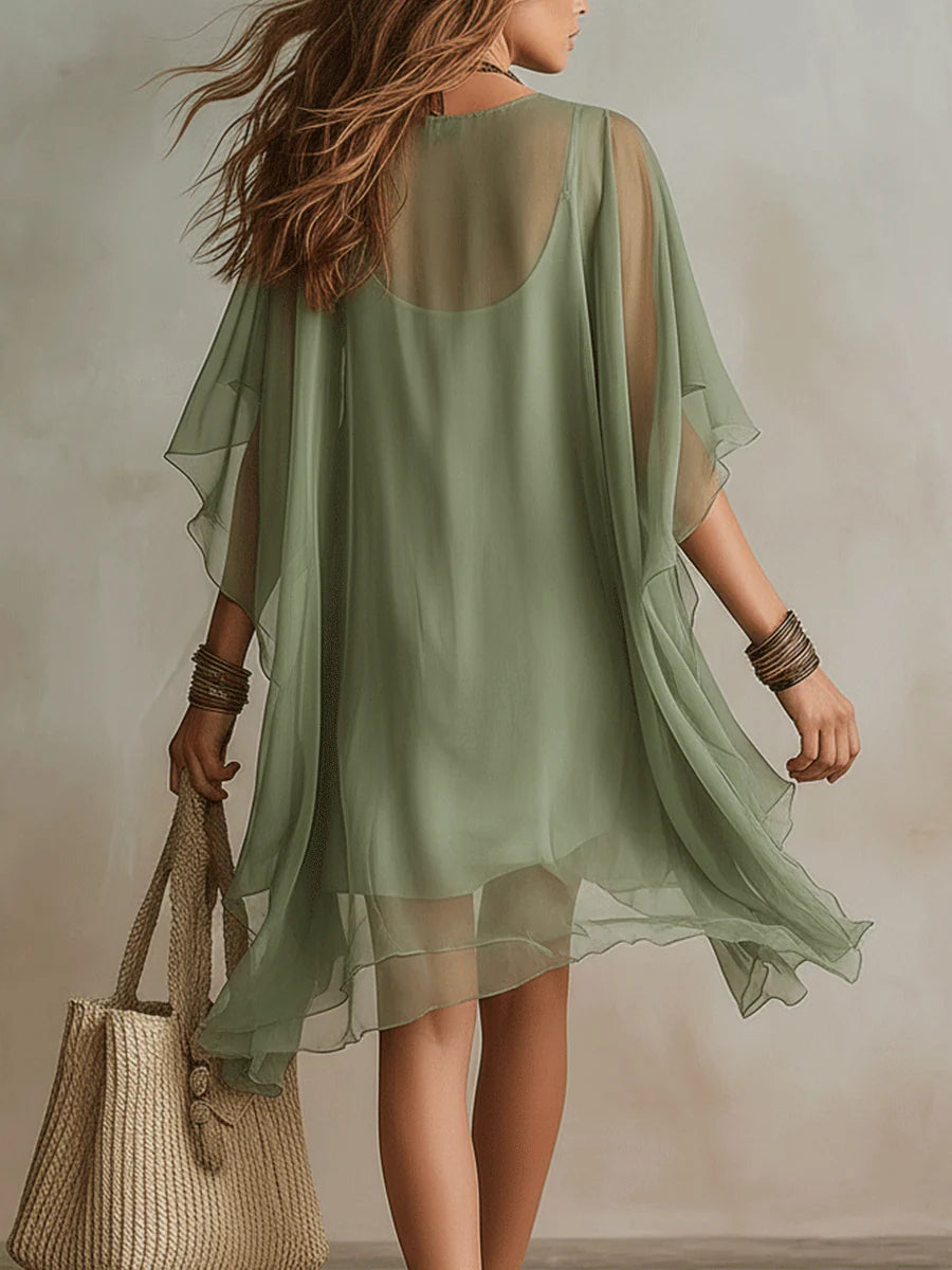 Green Chiffon V-Neck Layered Flowy Mini Dress