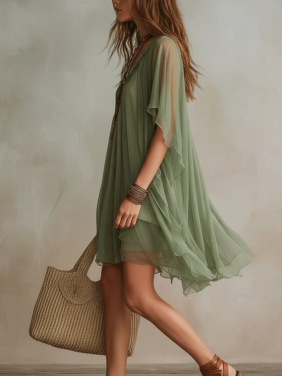 Green Chiffon V-Neck Layered Flowy Mini Dress