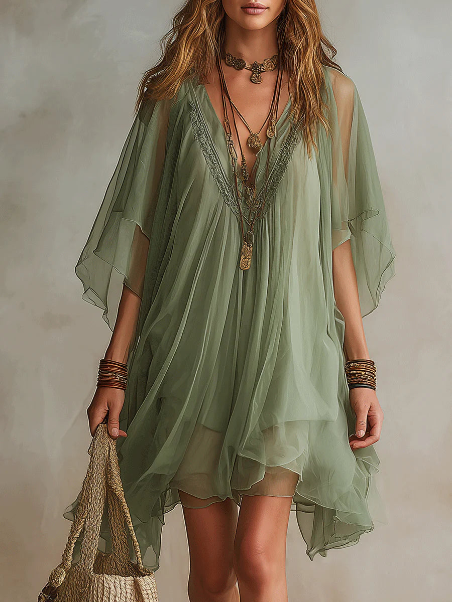 Green Chiffon V-Neck Layered Flowy Mini Dress