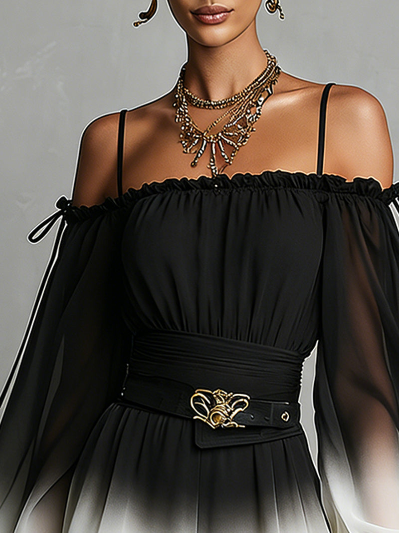 Black and White Gradient Off-Shoulder Chiffon Jumpsuit (with Belt)