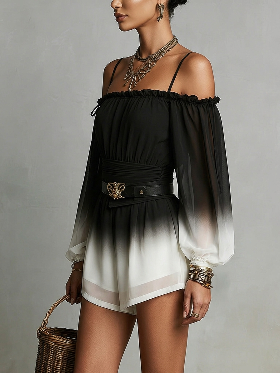 Black and White Gradient Off-Shoulder Chiffon Jumpsuit (with Belt)