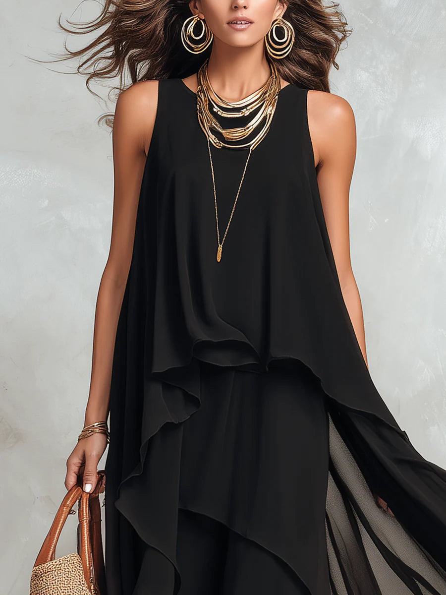 Black Chiffon Layered Round-Neck Sleeveless Maxi Dress