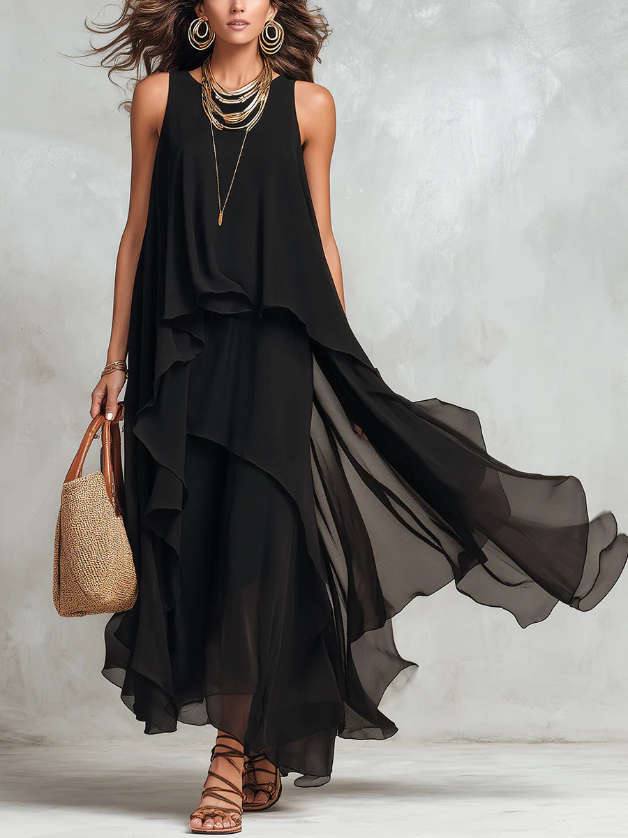 Black Chiffon Layered Round-Neck Sleeveless Maxi Dress