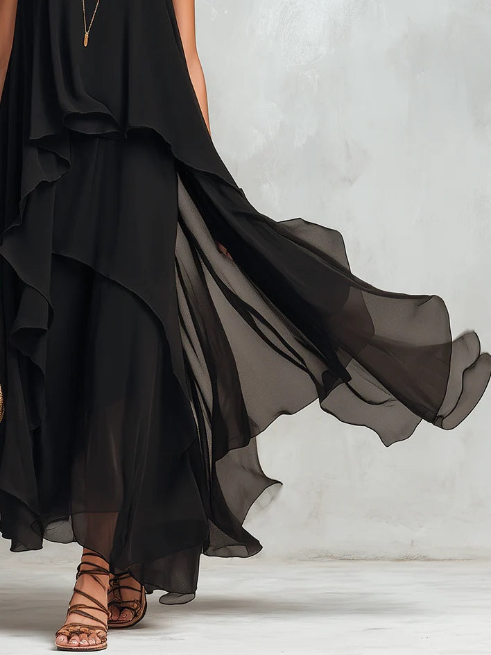 Black Chiffon Layered Round-Neck Sleeveless Maxi Dress