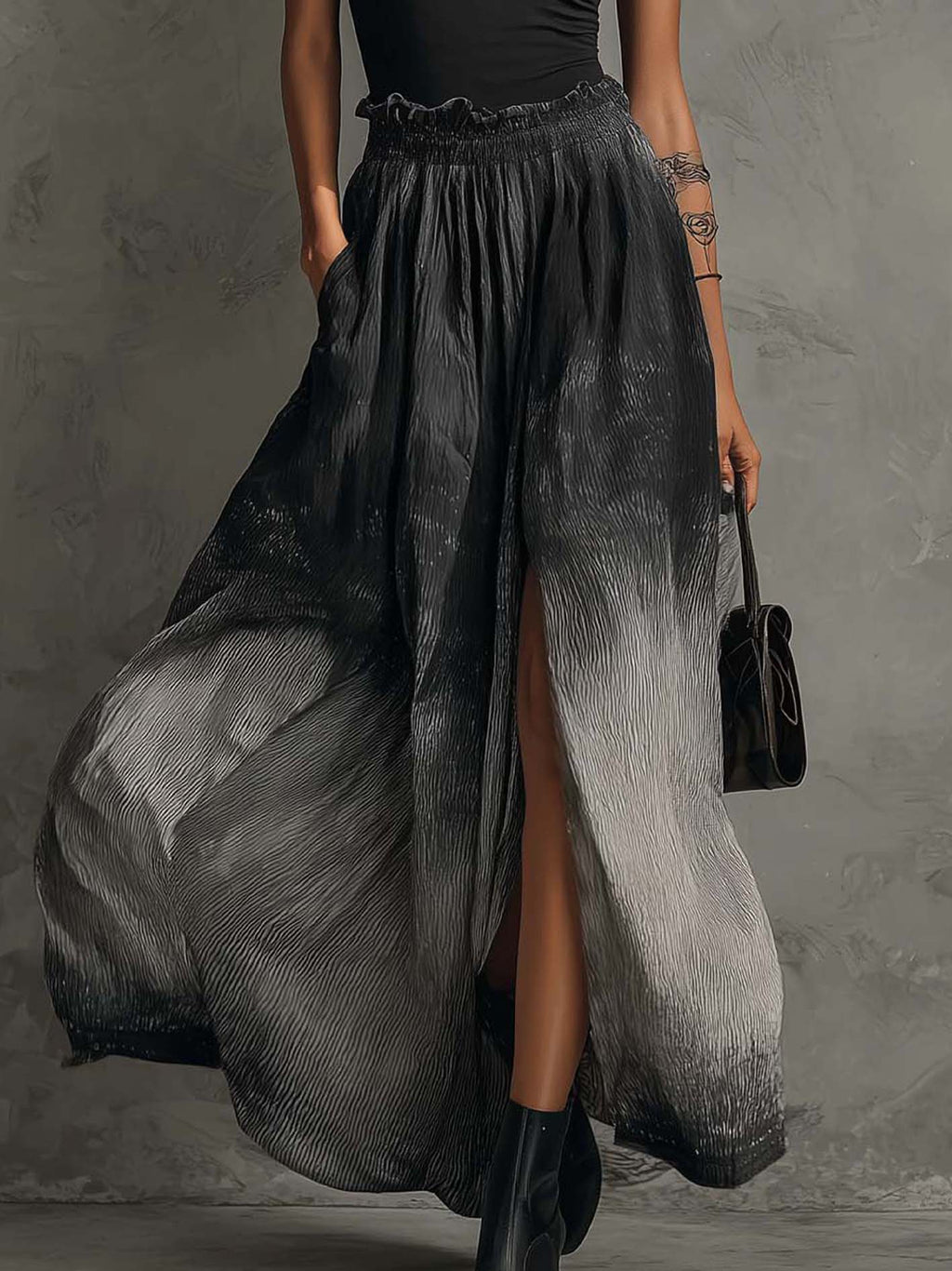 Black Off-Shoulder Ruffle Top and Gradient Pleated Maxi Skirt Set