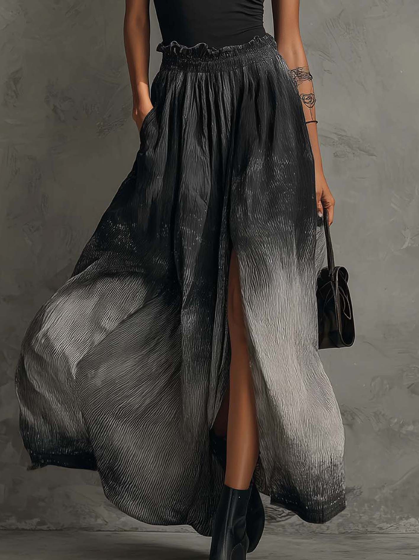 Black Off-Shoulder Ruffle Top and Gradient Pleated Maxi Skirt Set