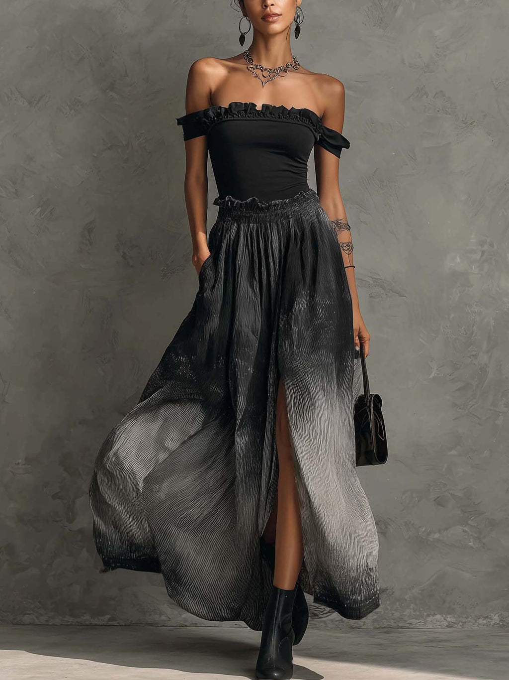 Black Off-Shoulder Ruffle Top and Gradient Pleated Maxi Skirt Set