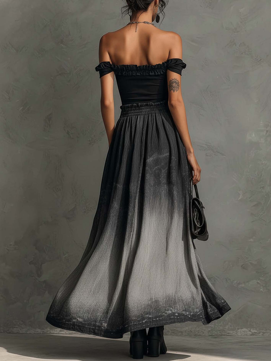 Black Off-Shoulder Ruffle Top and Gradient Pleated Maxi Skirt Set