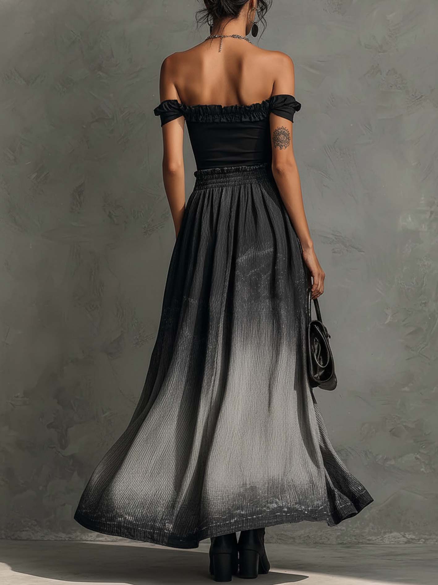 Black Off-Shoulder Ruffle Top and Gradient Pleated Maxi Skirt Set