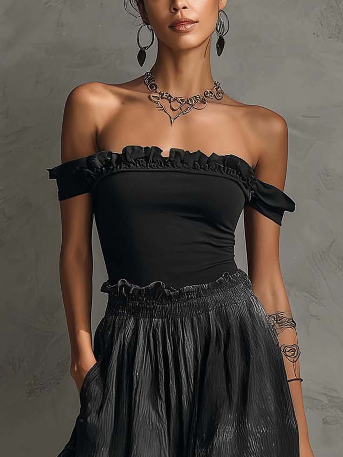 Black Off-Shoulder Ruffle Top and Gradient Pleated Maxi Skirt Set