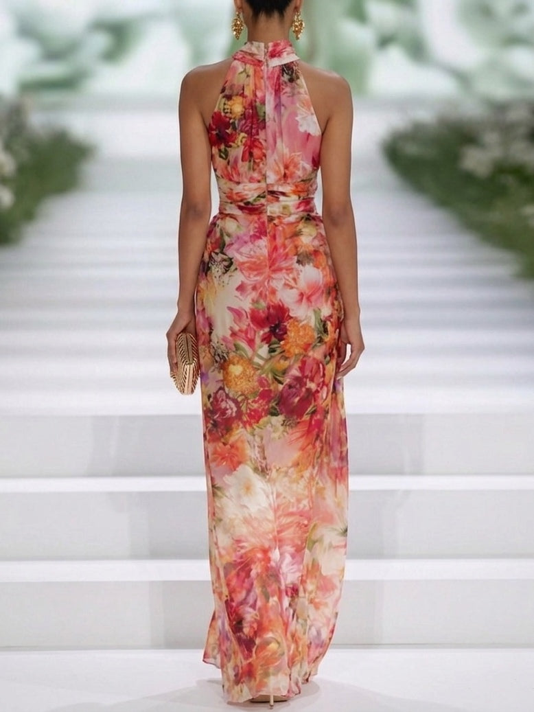 Red Chiffon Floral Halter-Neck Sleeveless Maxi Dress