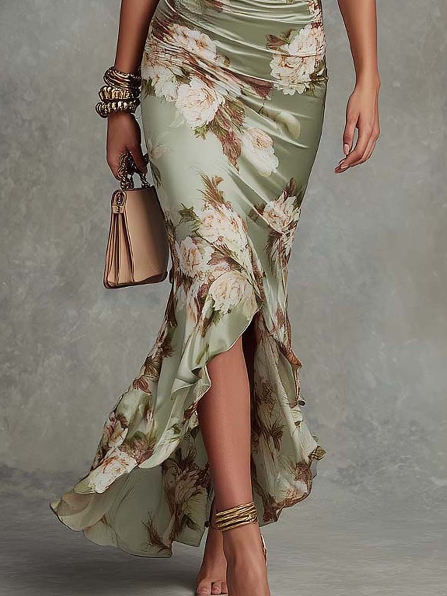 Green Floral Ruffled Bell-Sleeve V-Neck Satin Asymmetrical Maxi Dress