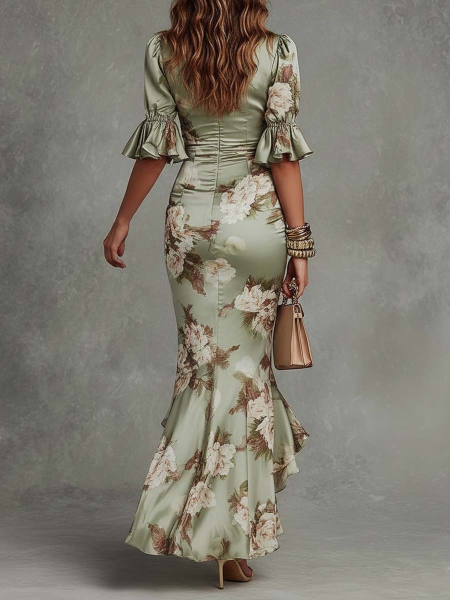 Green Floral Ruffled Bell-Sleeve V-Neck Satin Asymmetrical Maxi Dress