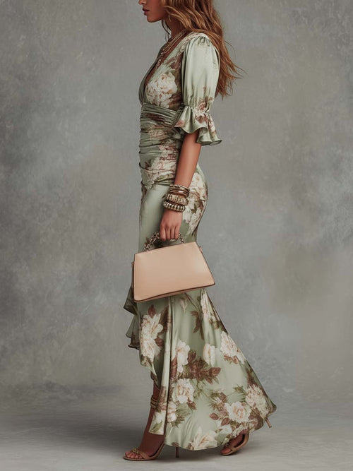 Green Floral Ruffled Bell-Sleeve V-Neck Satin Asymmetrical Maxi Dress