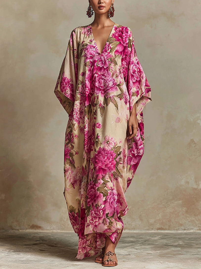 Floral Art Resort V-Neck Batwing-Sleeve Kaftan Maxi Dress