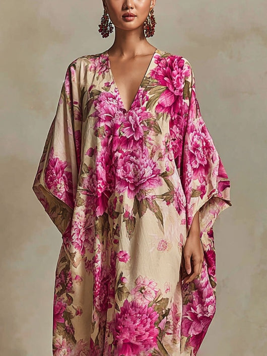 Floral Art Resort V-Neck Batwing-Sleeve Kaftan Maxi Dress