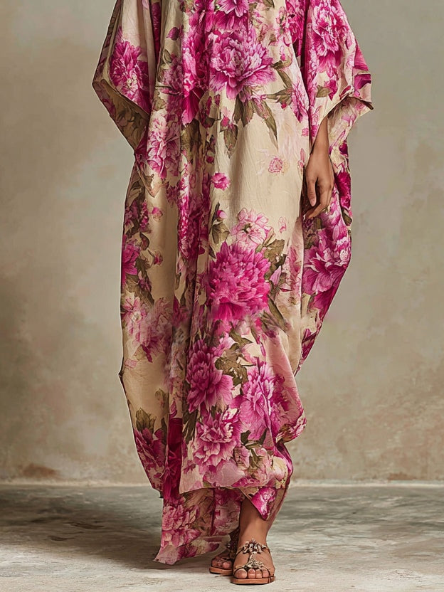 Floral Art Resort V-Neck Batwing-Sleeve Kaftan Maxi Dress