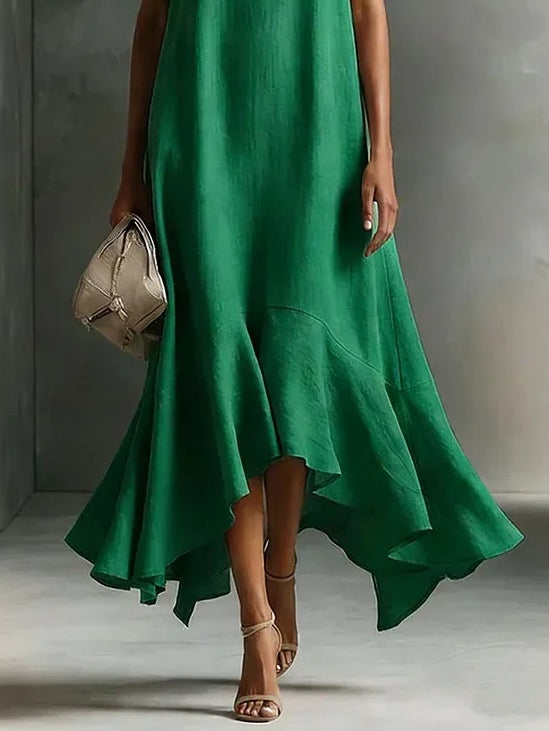 Abito lungo senza maniche con scollo a V in misto cotone e lino verde
