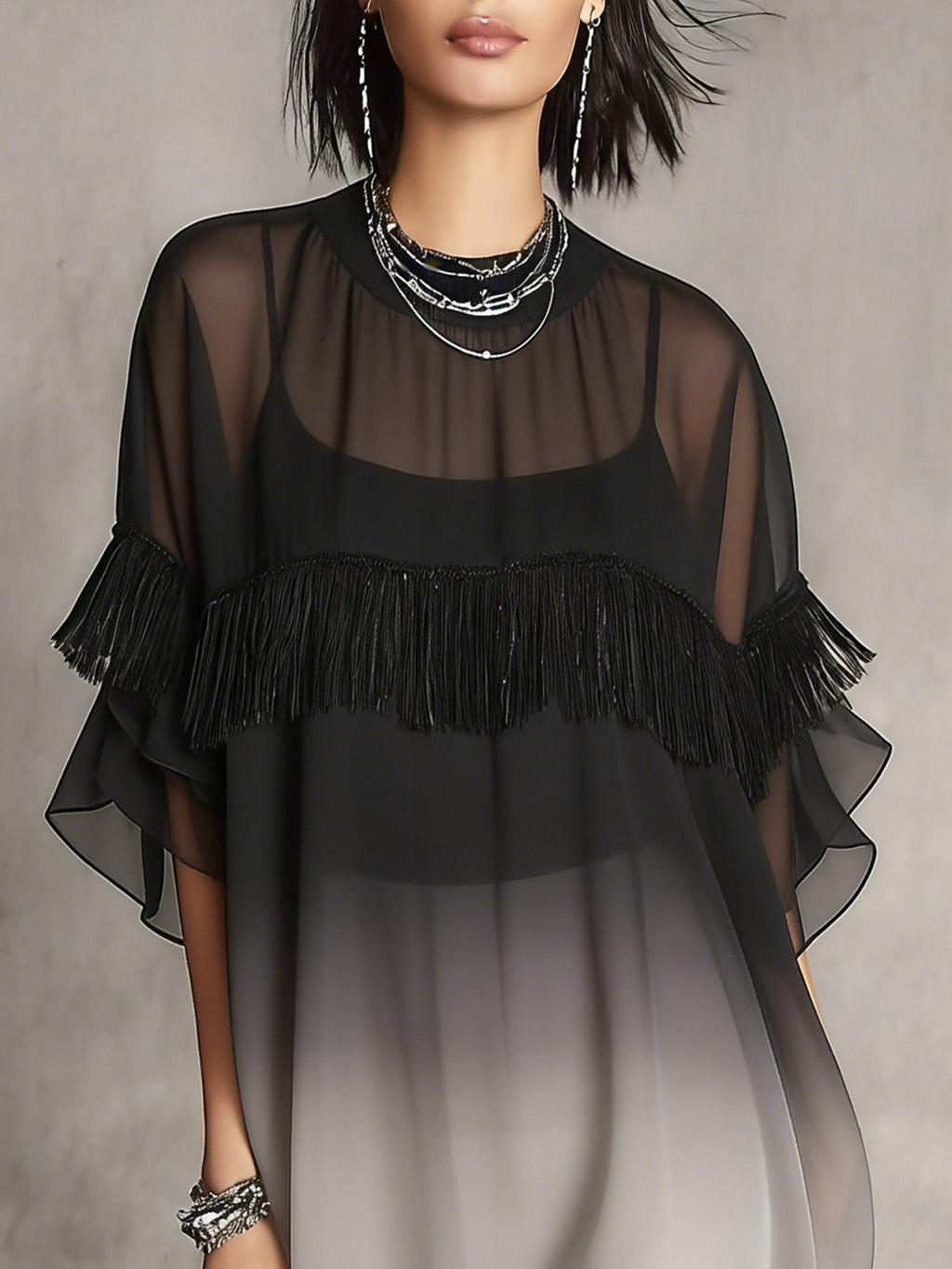 Black Ombre Sheer Fringe Detail Floaty Mini Dress
