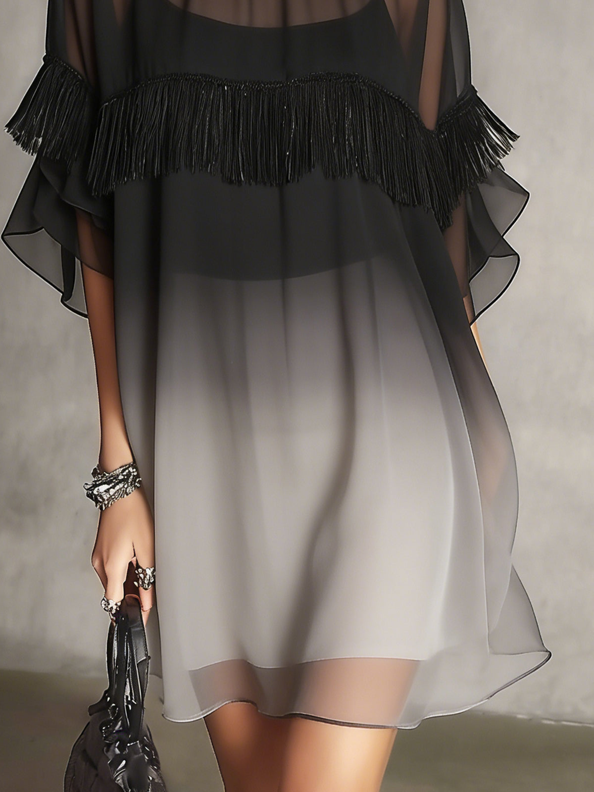 Black Ombre Sheer Fringe Detail Floaty Mini Dress