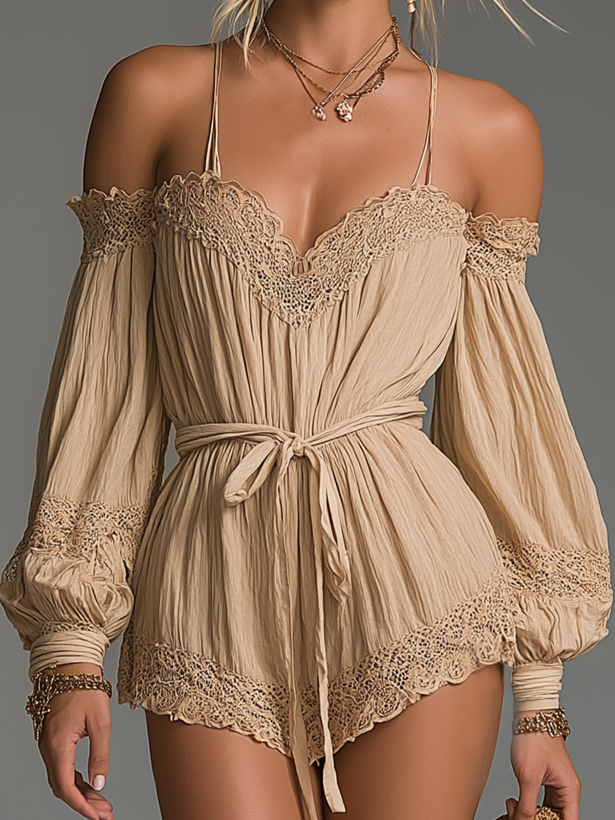 Beige Off-Shoulder Lace-Trimmed Chiffon Jumpsuit