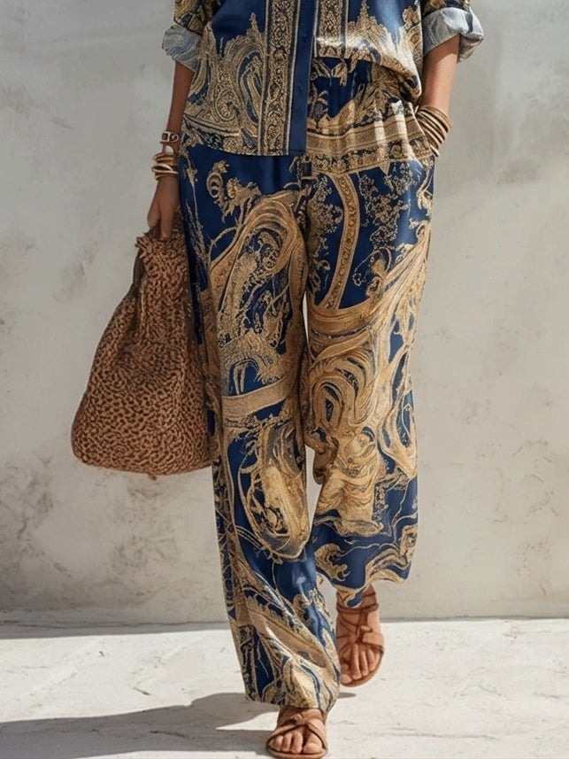 Navy Baroque Print Shirt And Wide-leg Pants Two-piece Set