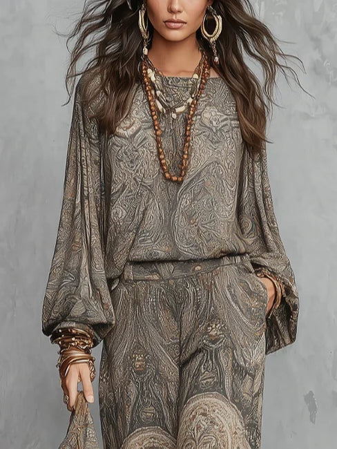 Grey Paisley Patterned Lantern Sleeve Top And Wide-leg Trousers Suit