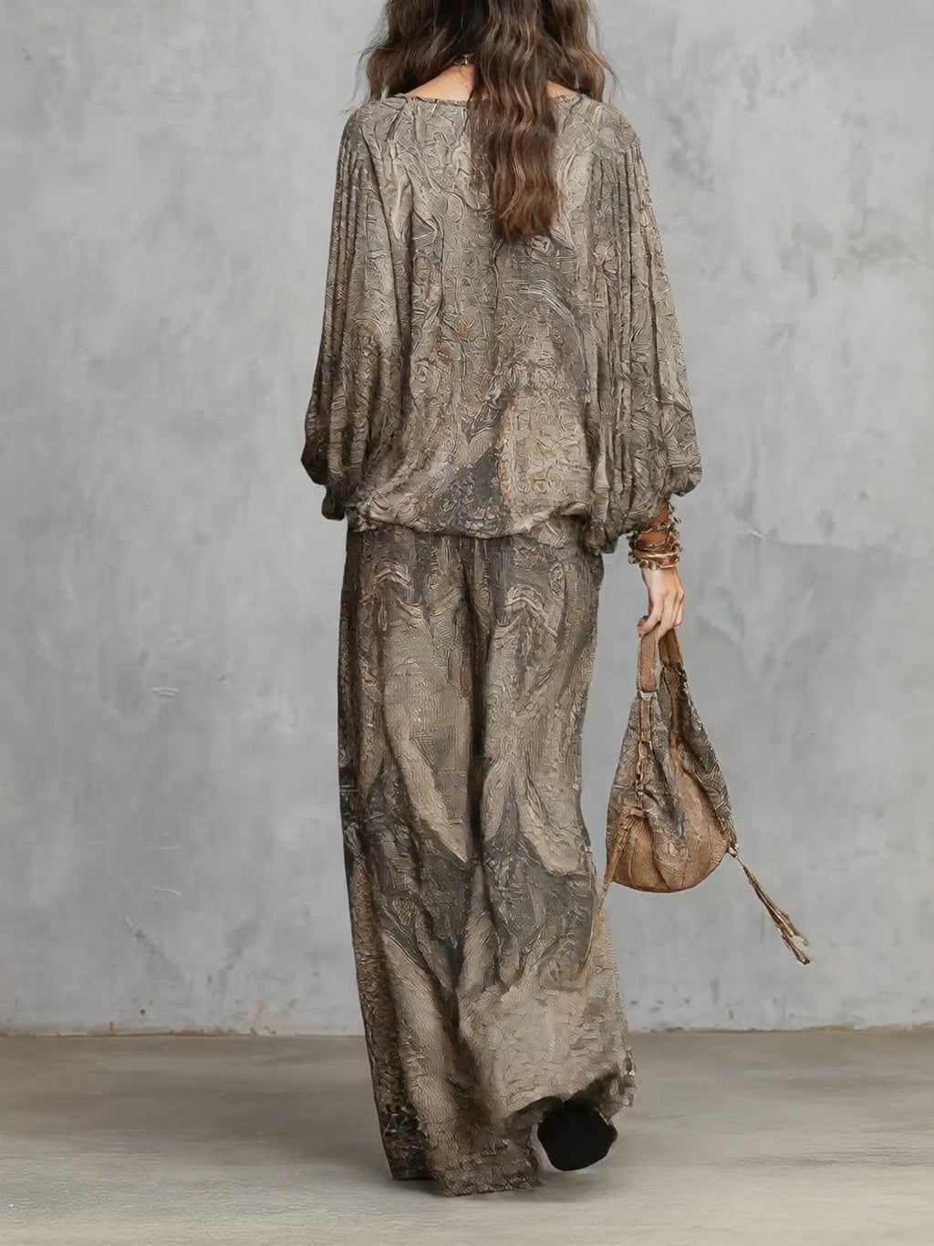 Grey Paisley Patterned Lantern Sleeve Top And Wide-leg Trousers Suit