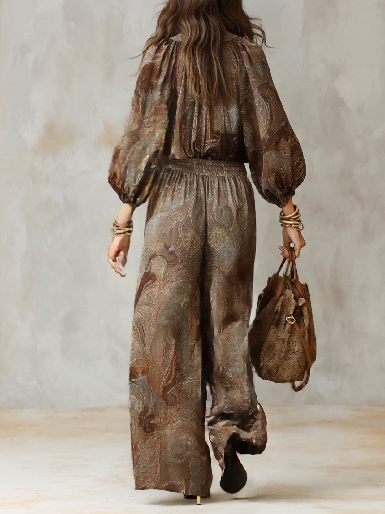 Brown Paisley Print Ruffled Shirt And Wide-leg Trousers Suit