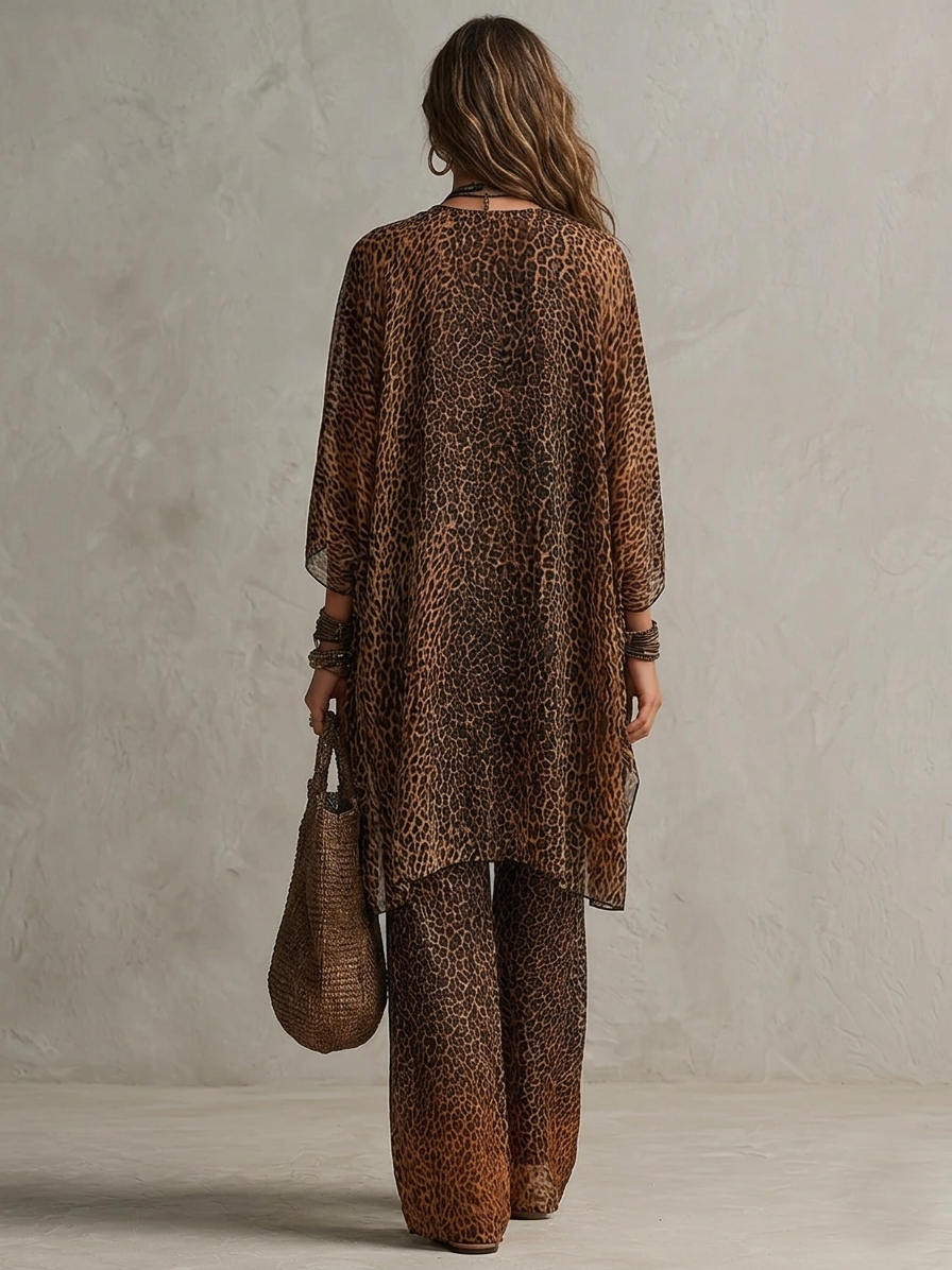 Bohemian Gradient Leopard Print Flowing Robe Three-piece Set