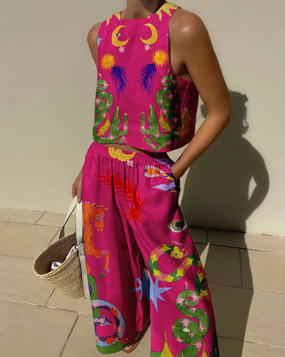 Unique Print Tank Top and Elastic Waist Trousers with Pockets Set
