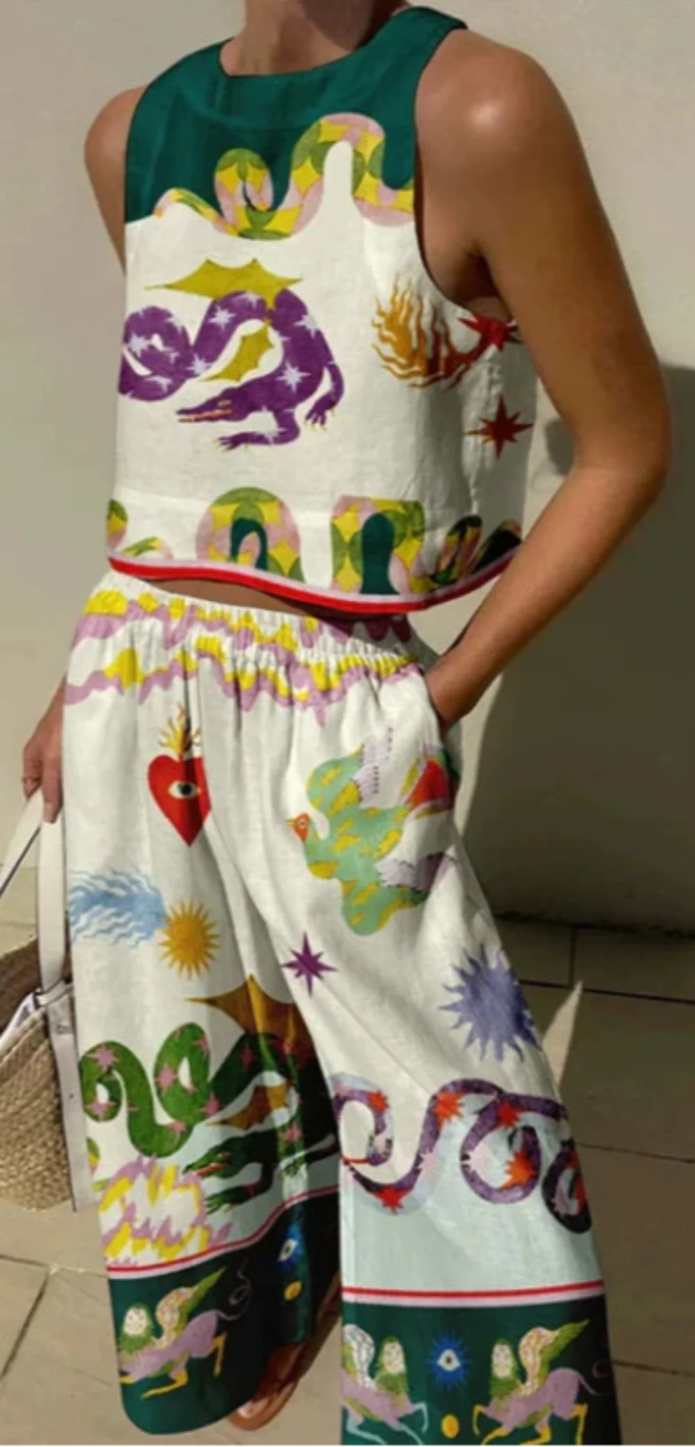 Unique Print Tank Top and Elastic Waist Trousers with Pockets Set