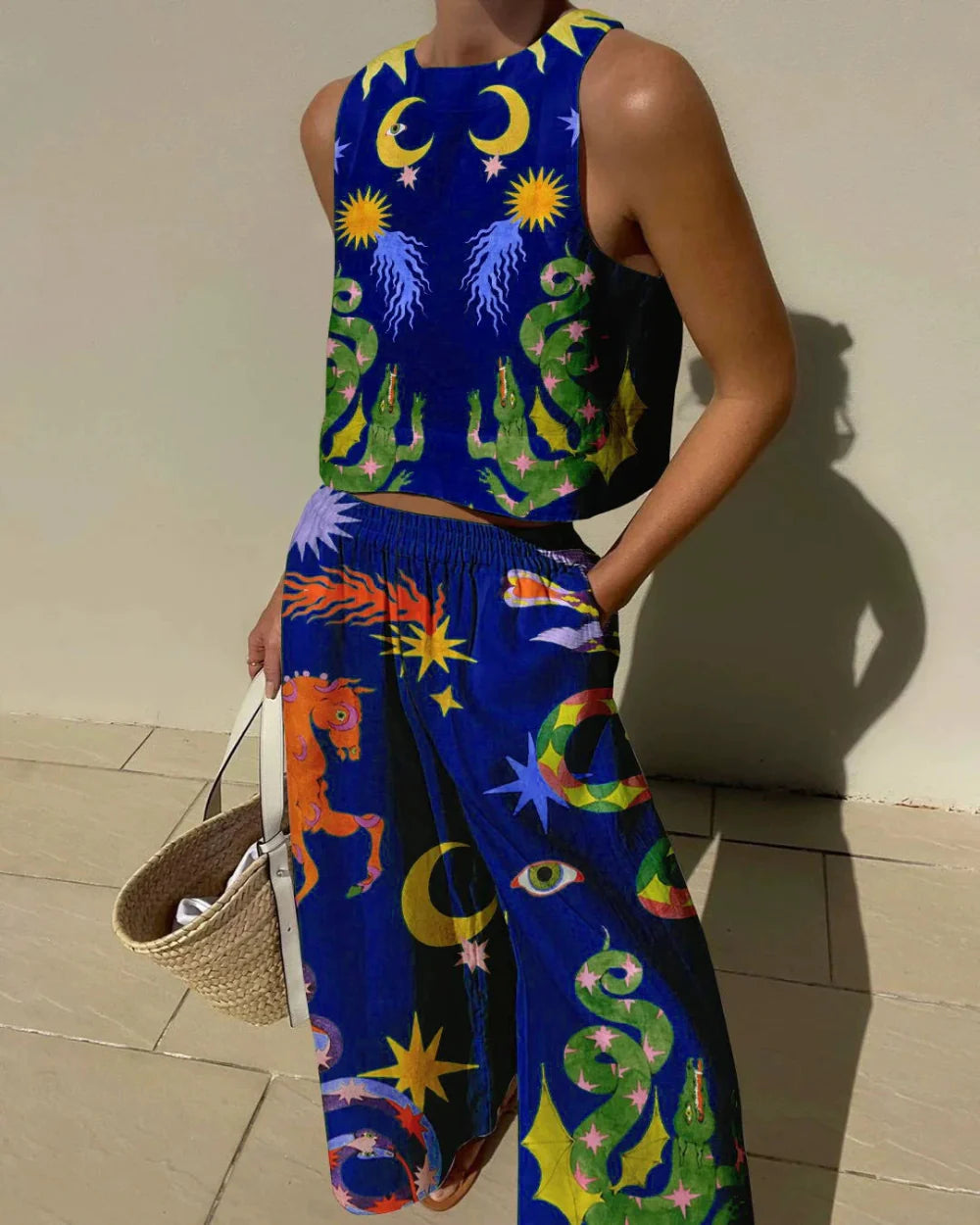Unique Print Tank Top and Elastic Waist Trousers with Pockets Set