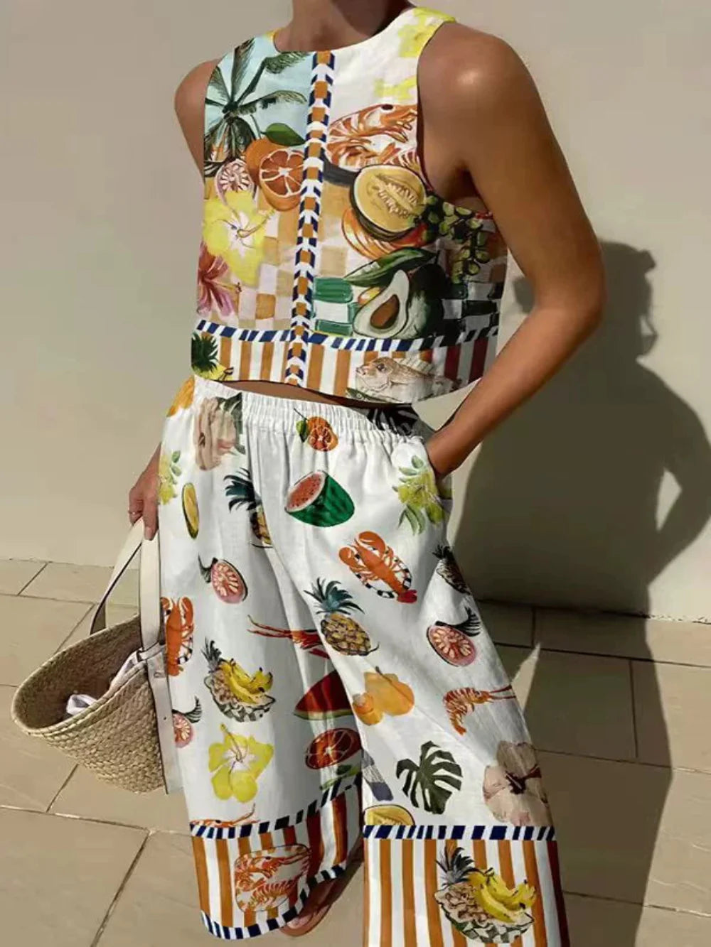 Unique Print Tank Top and Elastic Waist Trousers with Pockets Set