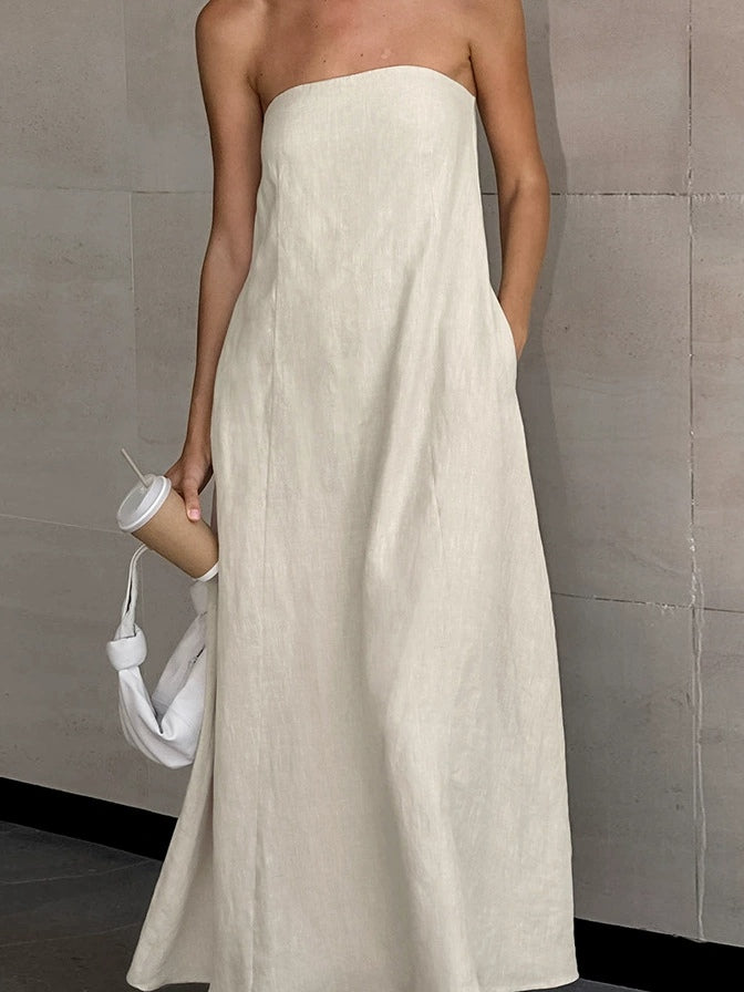 Strapless Linen A-Line Maxi Dress