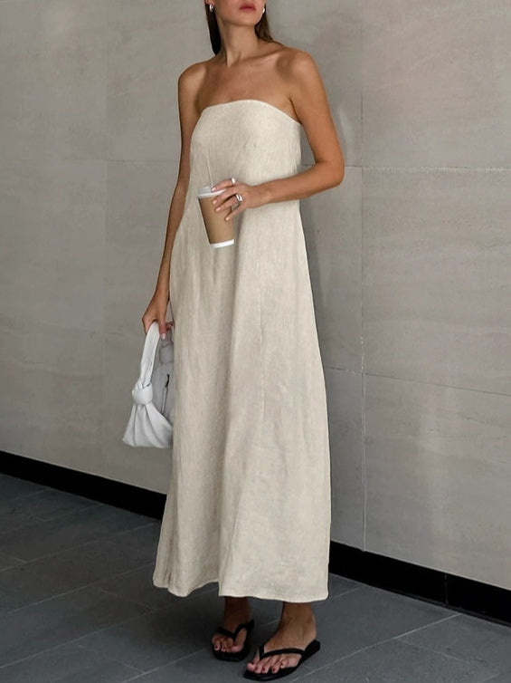 Strapless Linen A-Line Maxi Dress