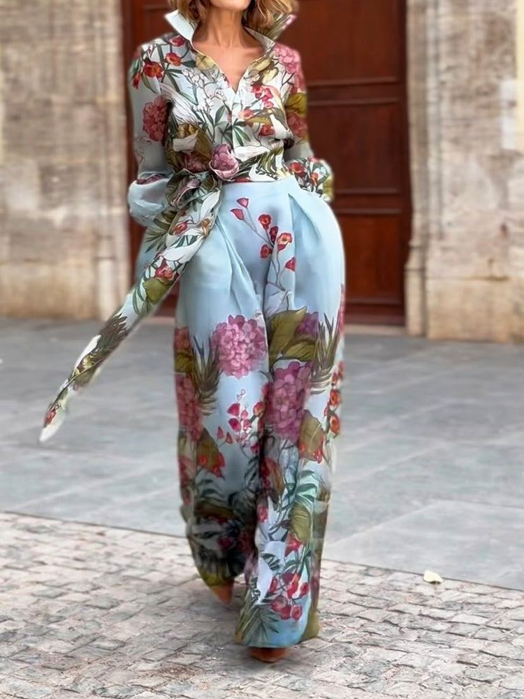 Elegant Two-Piece Set: Floral Print Shirt and Skirt