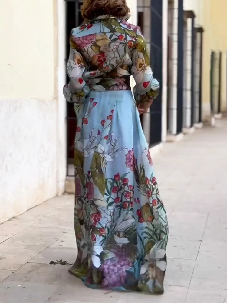 Elegant Two-Piece Set: Floral Print Shirt and Skirt