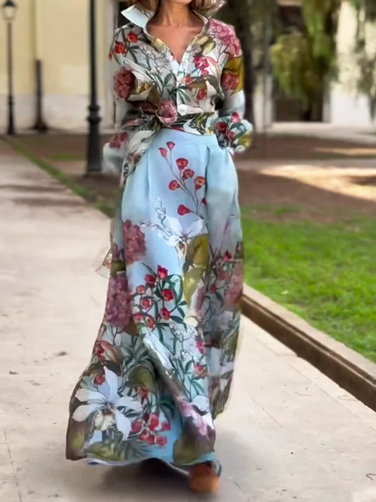Elegant Two-Piece Set: Floral Print Shirt and Skirt