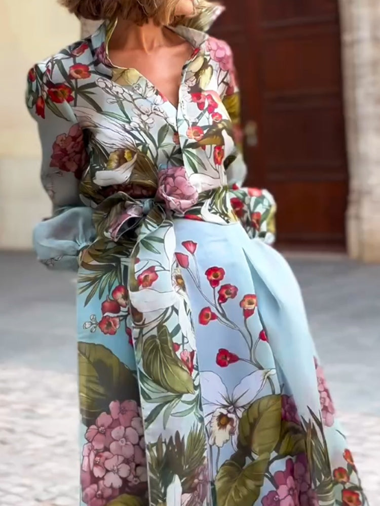 Elegant Two-Piece Set: Floral Print Shirt and Skirt