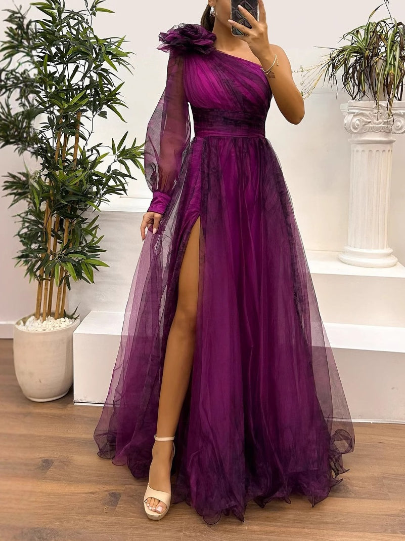 Gradient Abstract Print One-Shoulder Mesh Maxi Dress