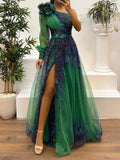 Gradient Abstract Print One-Shoulder Mesh Maxi Dress