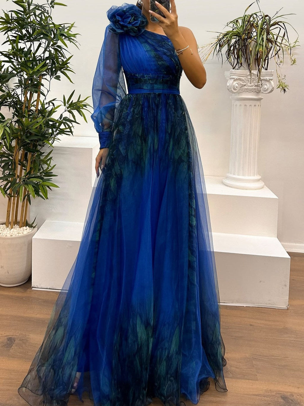 Gradient Abstract Print One-Shoulder Mesh Maxi Dress