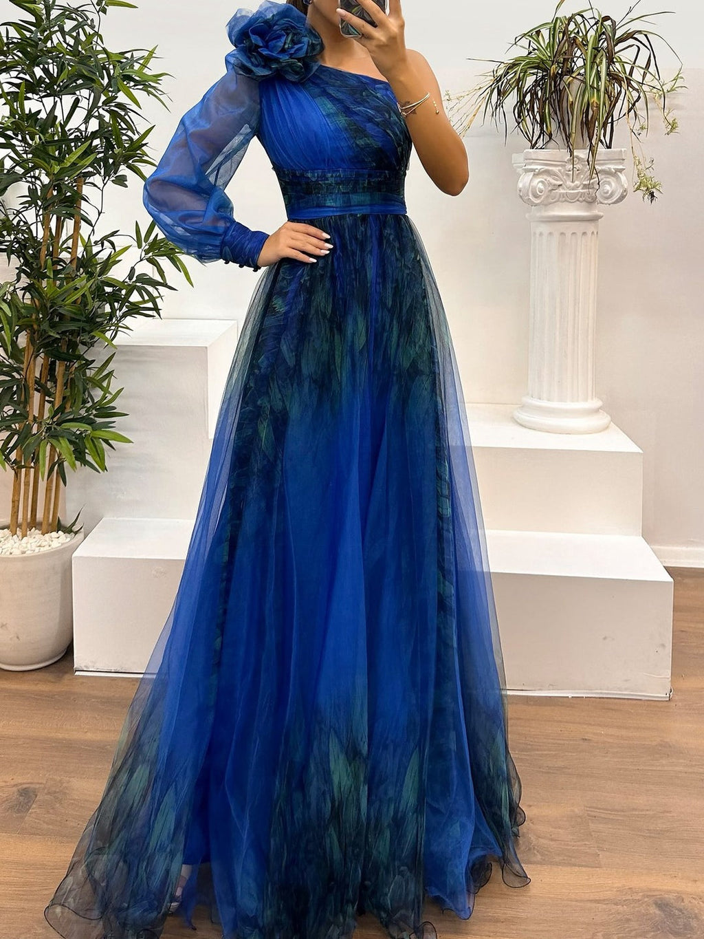 Gradient Abstract Print One-Shoulder Mesh Maxi Dress